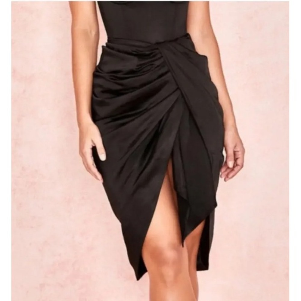 House of CB Miciela Skirt Size S Black Draped Satin Tulip Midi‎ Pleated Wrap